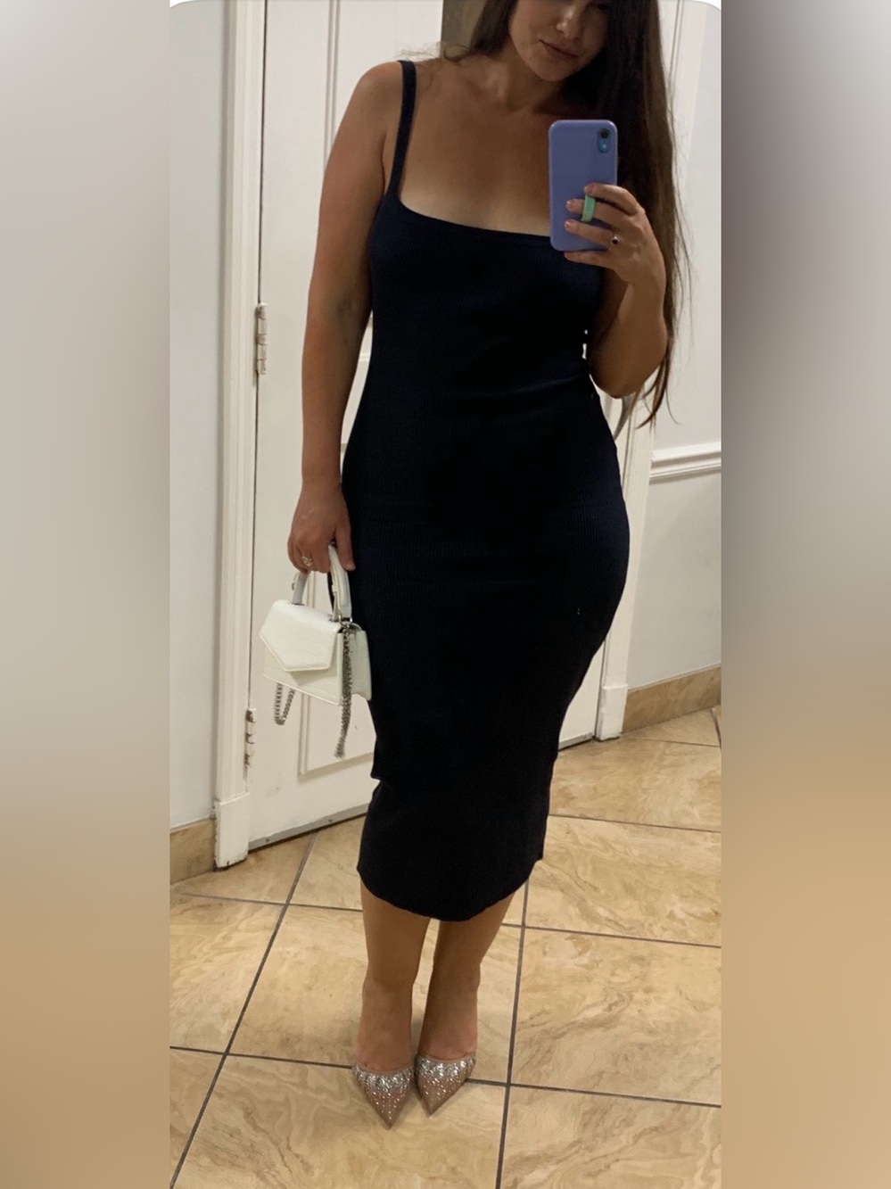 Zara Black Open Back Bodycon Midi Dress Ribbed Knit Large